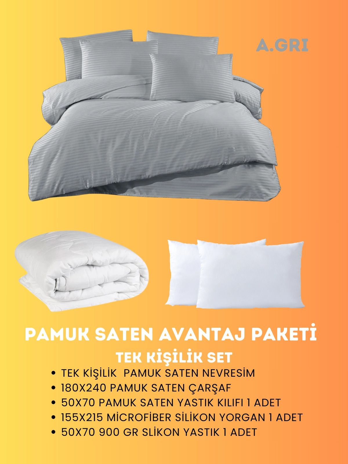 Merya Tek Kişilik Saten Avantaj Paket A.Gri