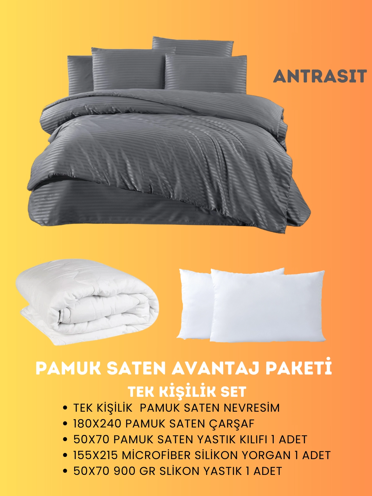 Merya Tek Kişilik Saten Avantaj Paket Antrasit