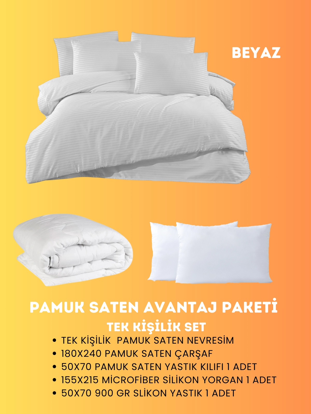 Merya Tek Kişilik Saten Avantaj Paket Beyaz