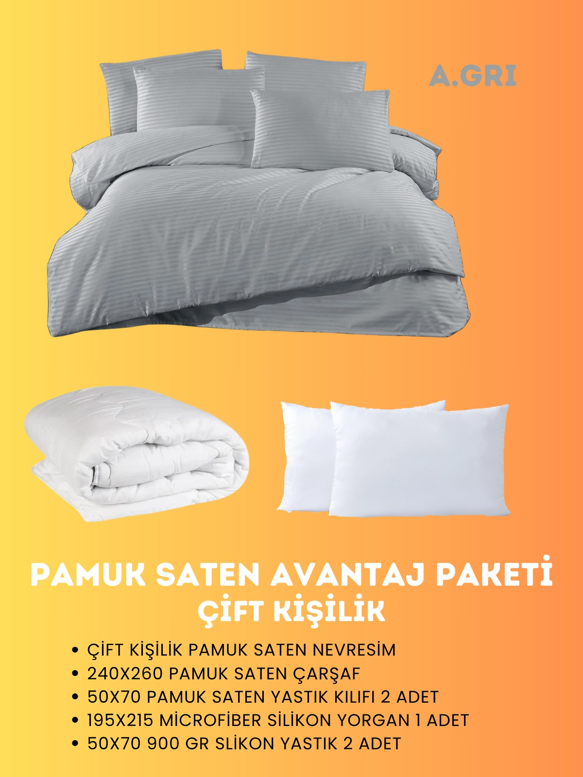 Merya Çift Kişilik Saten Avantaj Paket A.Gri