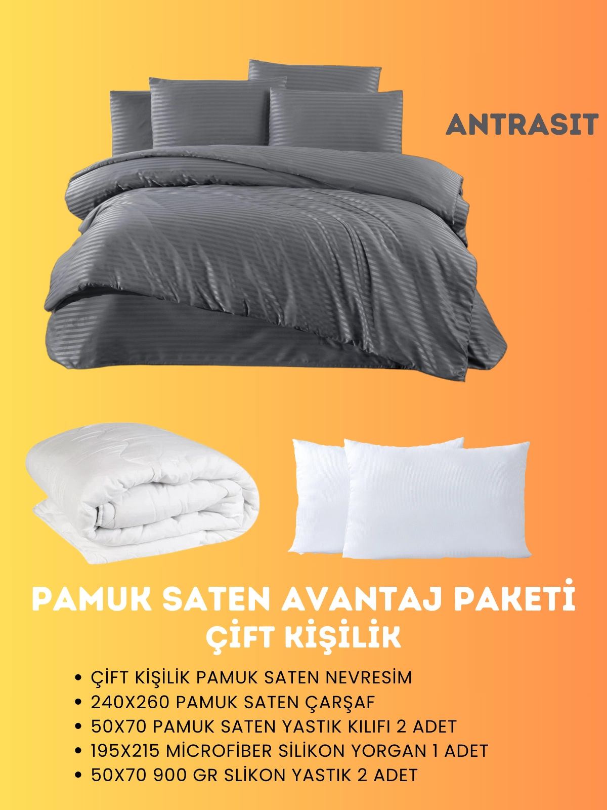 Merya Çift Kişilik Saten Avantaj Paket Antrasit