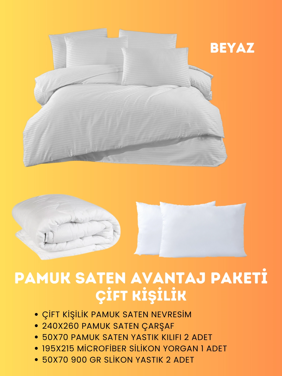Merya Çift Kişilik Saten Avantaj Paket Beyaz
