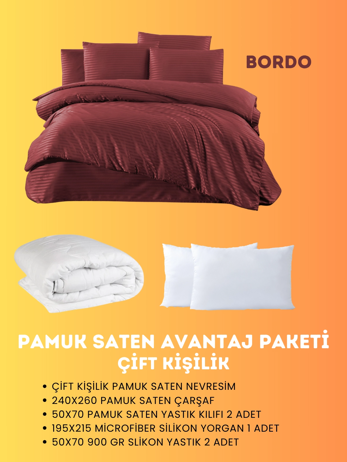Merya Çift Kişilik Saten Avantaj Paket Bordo
