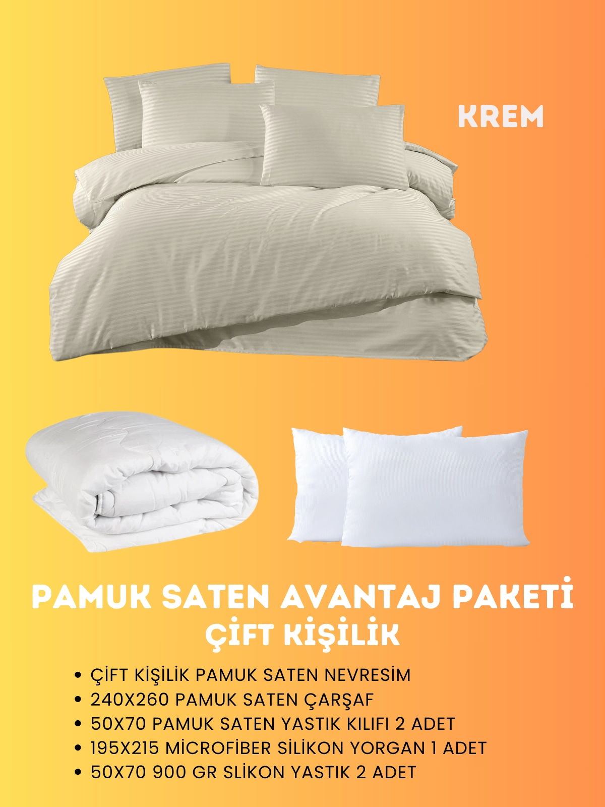 Merya Çift Kişilik Saten Avantaj Paket Krem