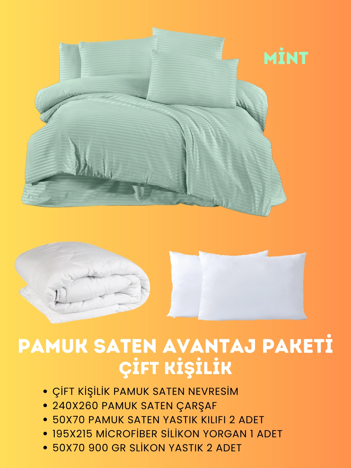 Merya Çift Kişilik Saten Avantaj Paket Mint