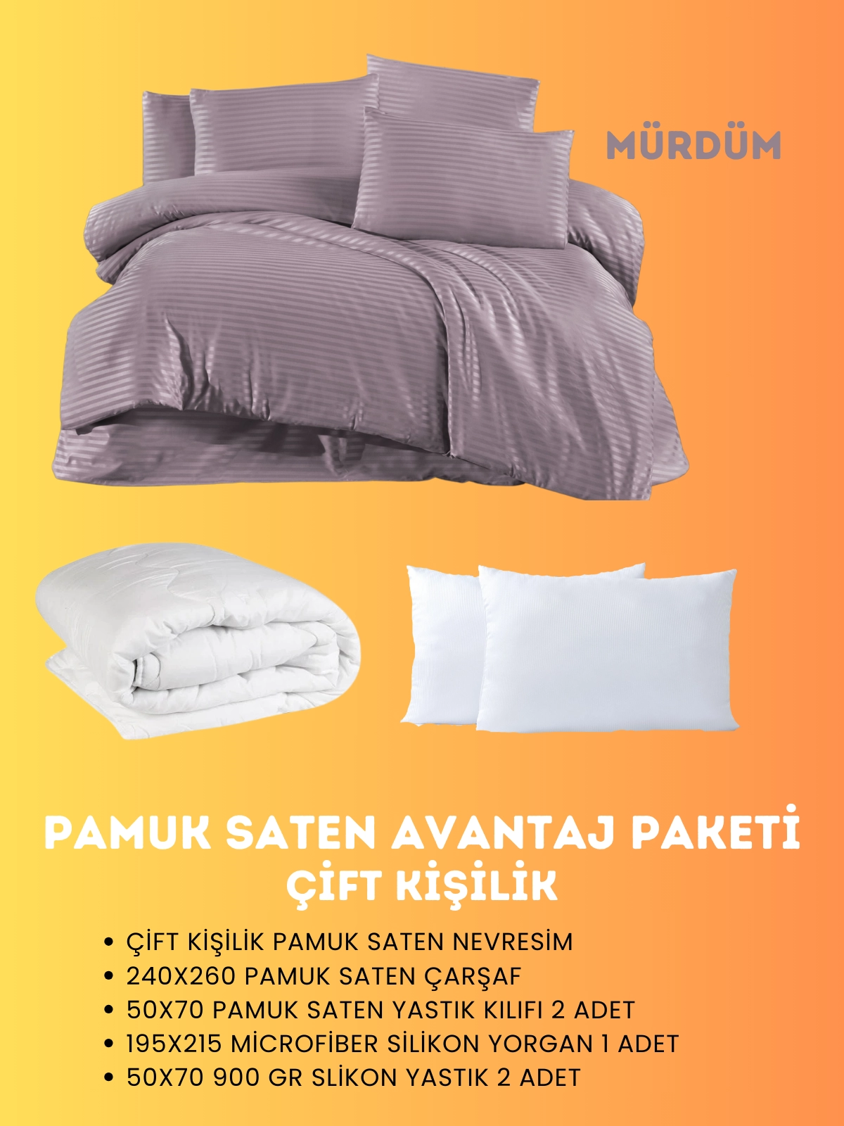 Merya Çift Kişilik Saten Avantaj Paket Mürdüm
