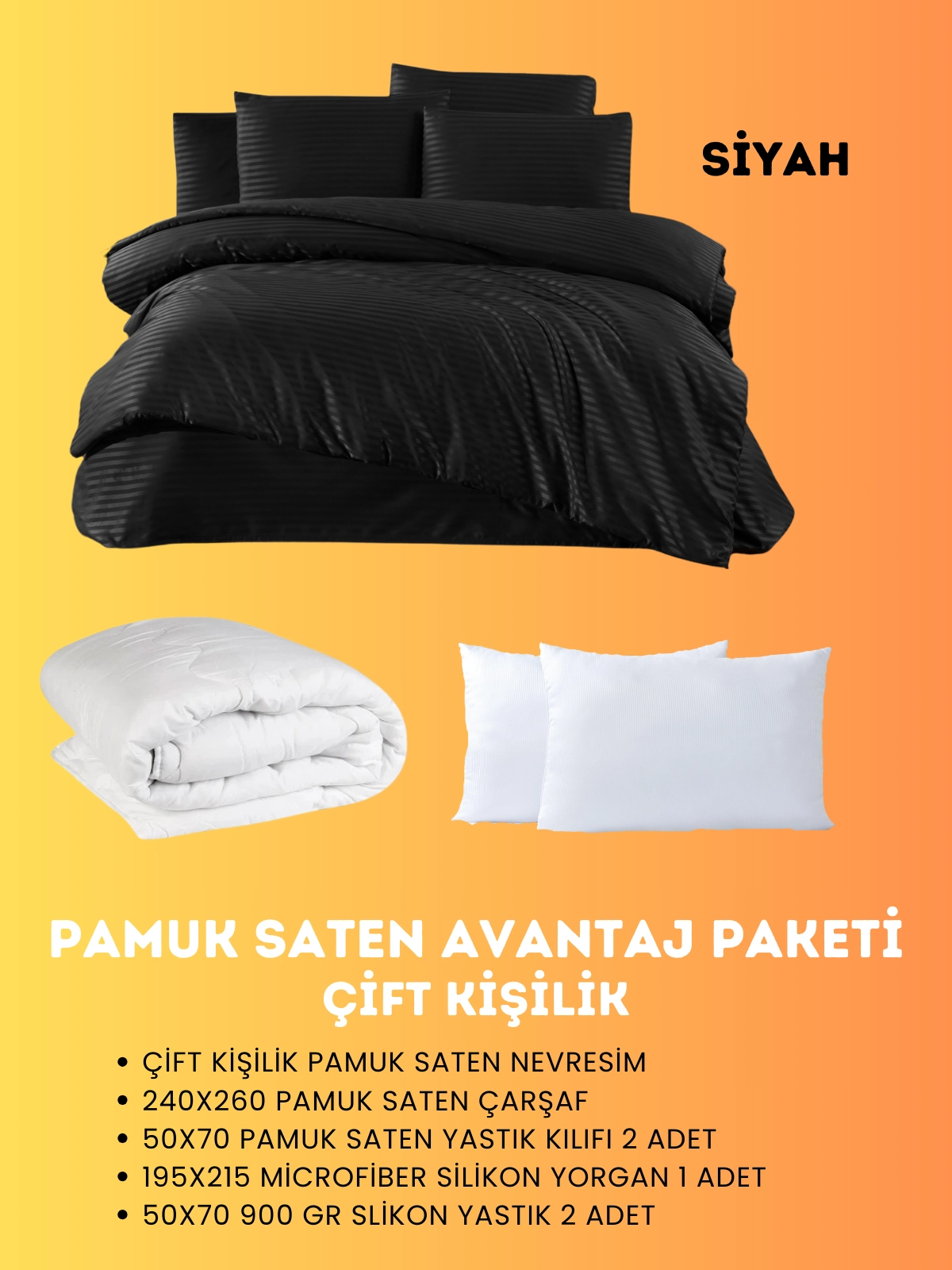 Merya Çift Kişilik Saten Avantaj Paket Siyah
