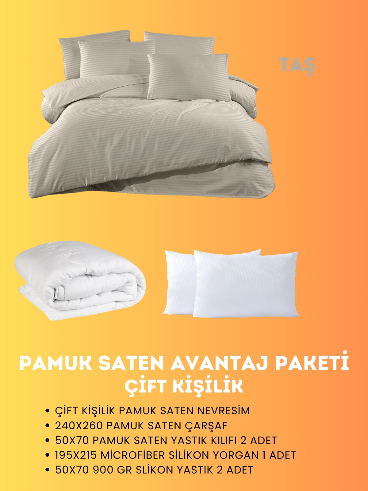 Merya Çift Kişilik Saten Avantaj Paket Taş