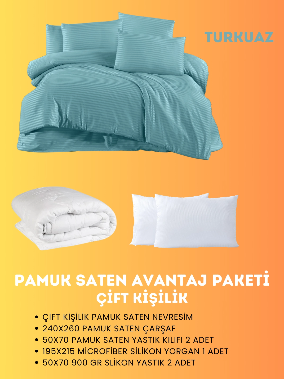 Merya Çift Kişilik Saten Avantaj Paket Turkuaz