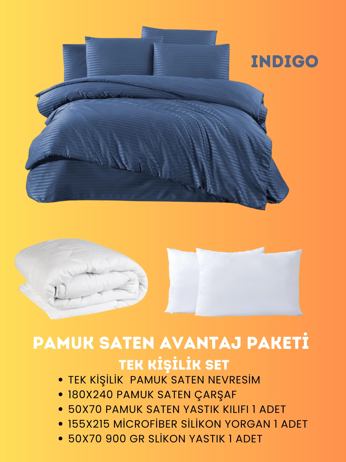 Merya Tek Kişilik Saten Avantaj Paket İndigo
