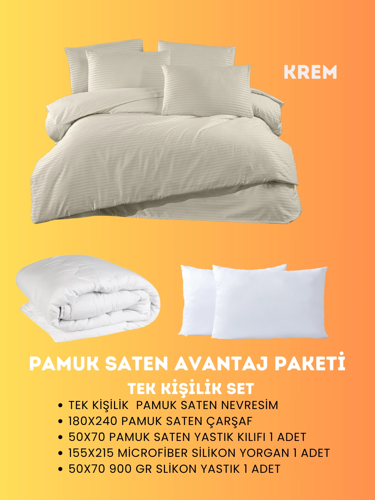 Merya Tek Kişilik Saten Avantaj Paket Krem