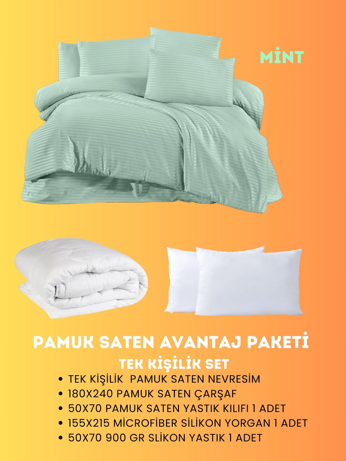 Merya Tek Kişilik Saten Avantaj Paket Mint