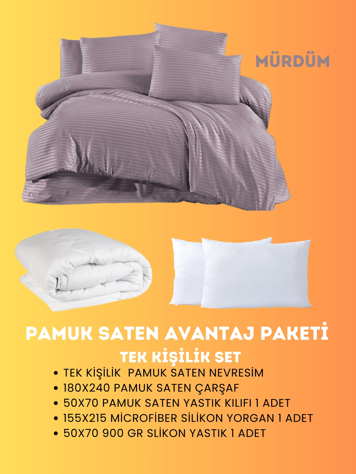 Merya Tek Kişilik Saten Avantaj Paket Mürdüm