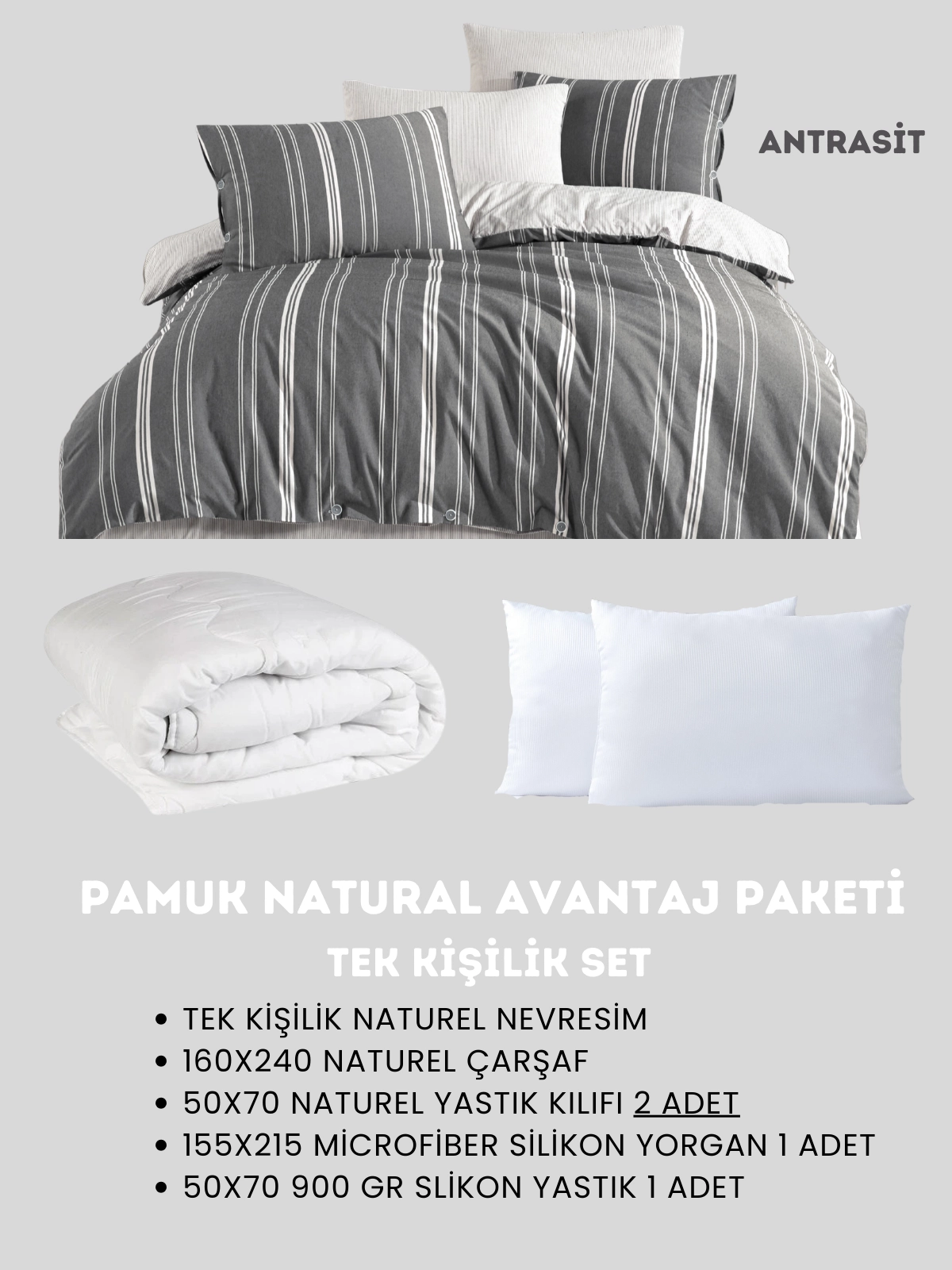 Merya Tek Kişilik Naturel Avantaj Paket Antrasit