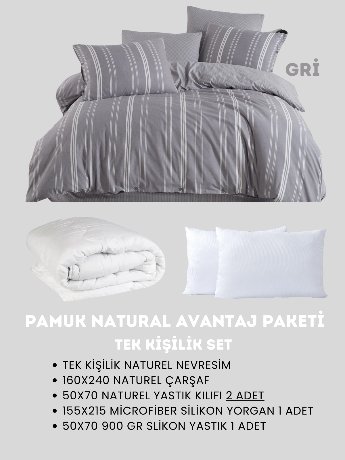 Merya Tek Kişilik Naturel Avantaj Paket Gri