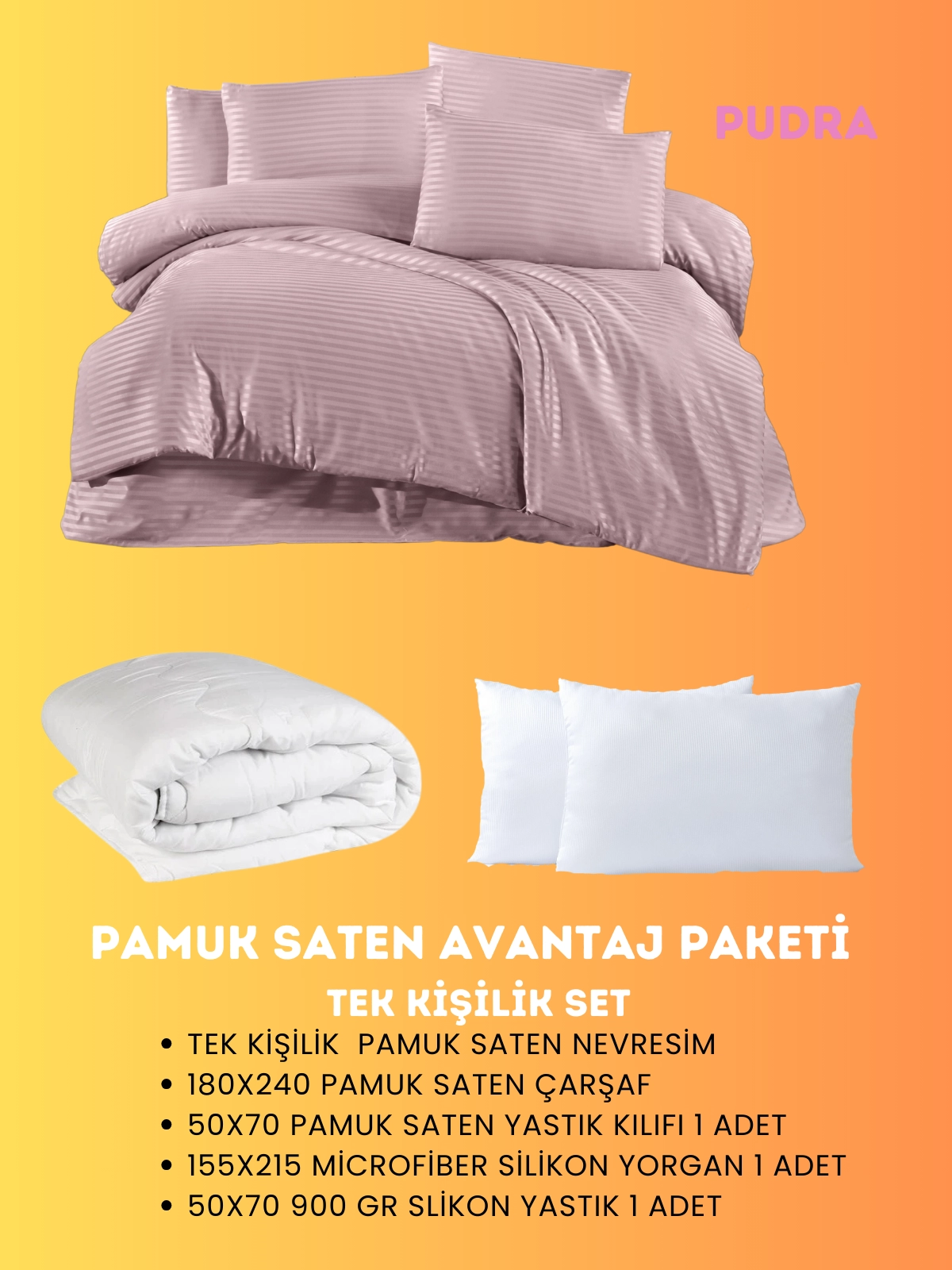 Merya Tek Kişilik Saten Avantaj Paket Pudra