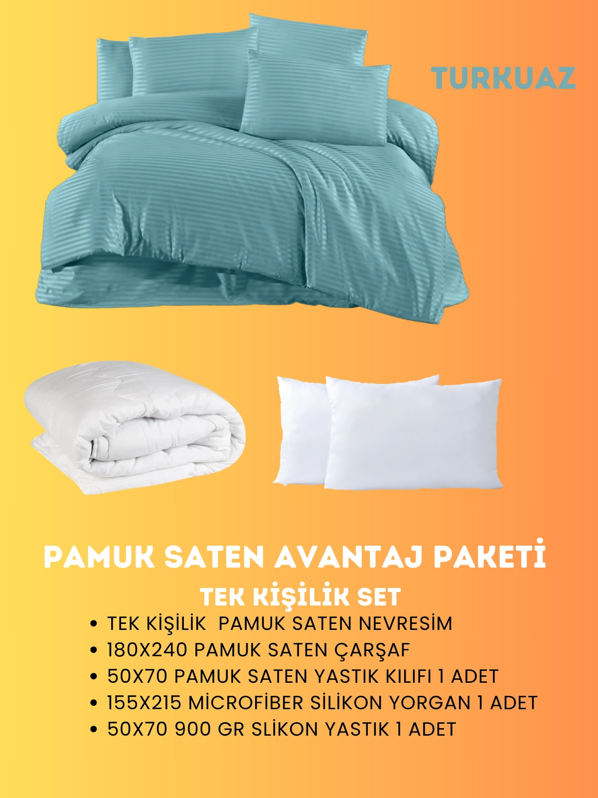 Merya Tek Kişilik Saten Avantaj Paket Turkuaz